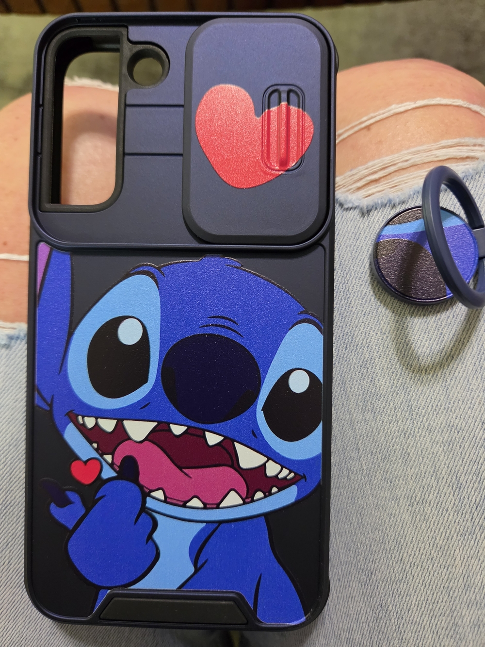 S22 Plus Blue Stitch Cartoon Phone Case with Sliding Camera Cover